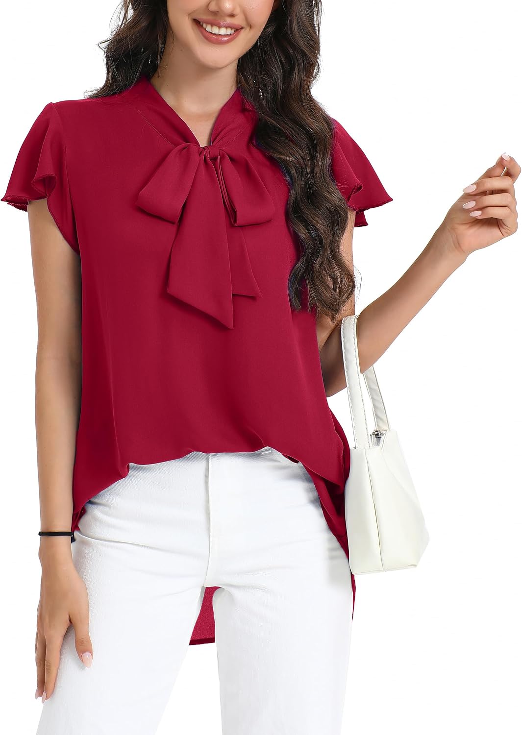 MOQIVGI Womens Chiffon Blouses Elegant Dressy Work Casual Ruffle Cap Sleeve Tie Neck Tops