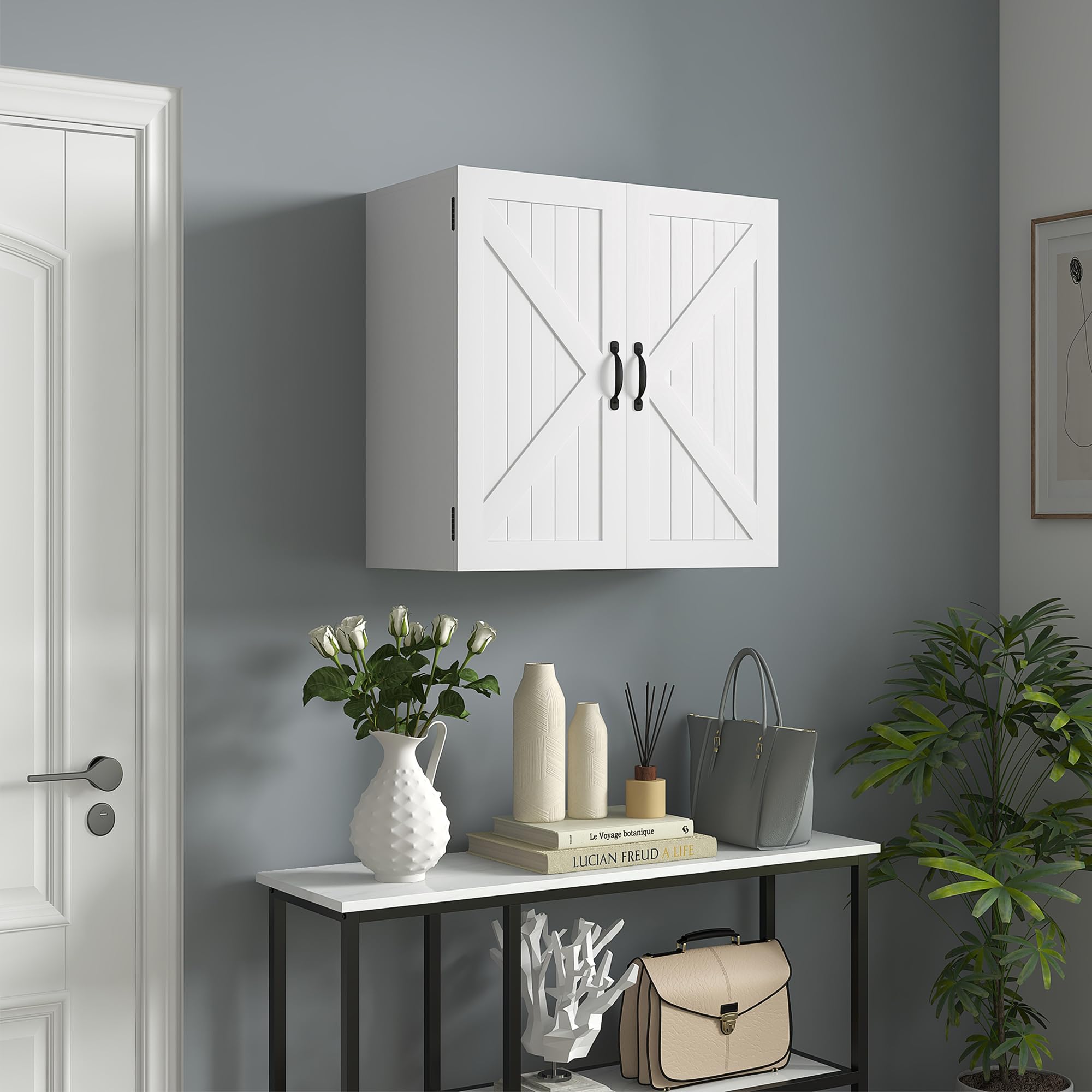kleankin Armadietto Pensile da Bagno in Legno, Mobile Bagno a Parete Salvaspazio Stile Country con Ripiano Regolabile, 60x30x60cm, Bianco