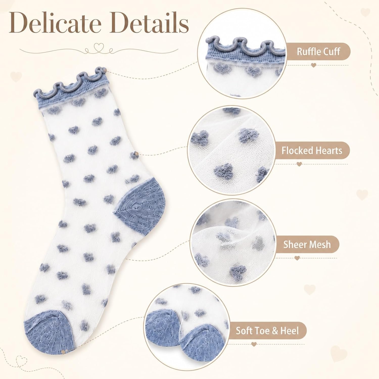 6 Pairs Women's Sheer Ruffle Socks, Thin Lace Mesh Crew Dress Socks | 6 pairs sheer ruffle lace mesh socks, thin and breathable for summer, ideal with Mary Janes, loafers, skirts and dresses.
