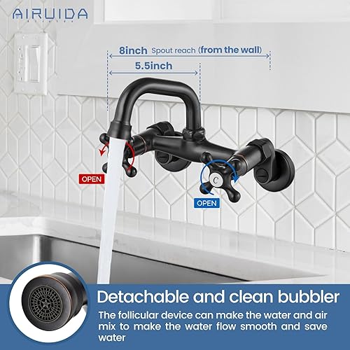 Vista 11 de Airuida Grifo de cocina de níquel cepillado para montaje en pared, boquilla de 8 pulgadas, montaje en pared, grifo de fregadero de lavandería
