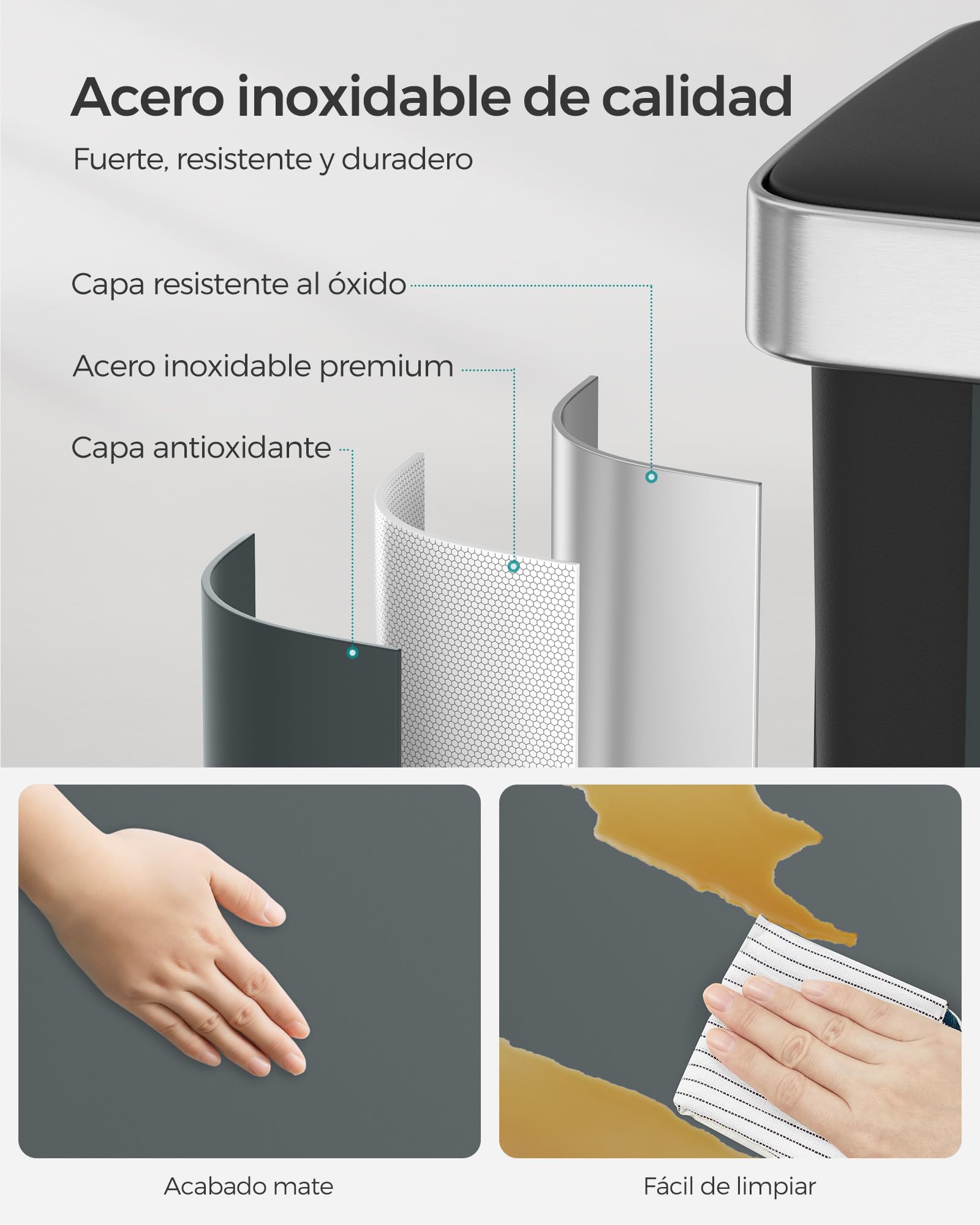 SONGMICS Cubo de Basura Doble, 2 x 30 L, Acero Inoxidable, con 15 Bolsas de Basura, con Cubos Interiores de Plástico, Tapa con Bisagra, Cierre Suave, 58,2 x 36,5 x 60,5 cm, Gris Verdoso LTB202G01