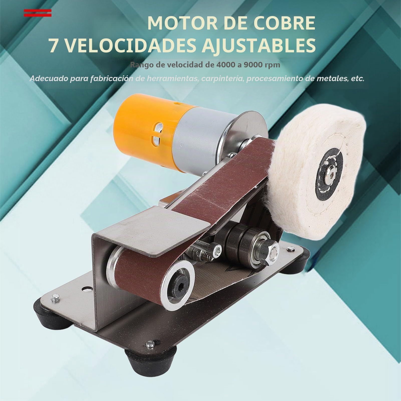 Lijadora de Banda Eléctrica Mini, 775 Motor, 7 Velocidades Ajustables, 15 Grados, Doble Salida, para Metal y Madera