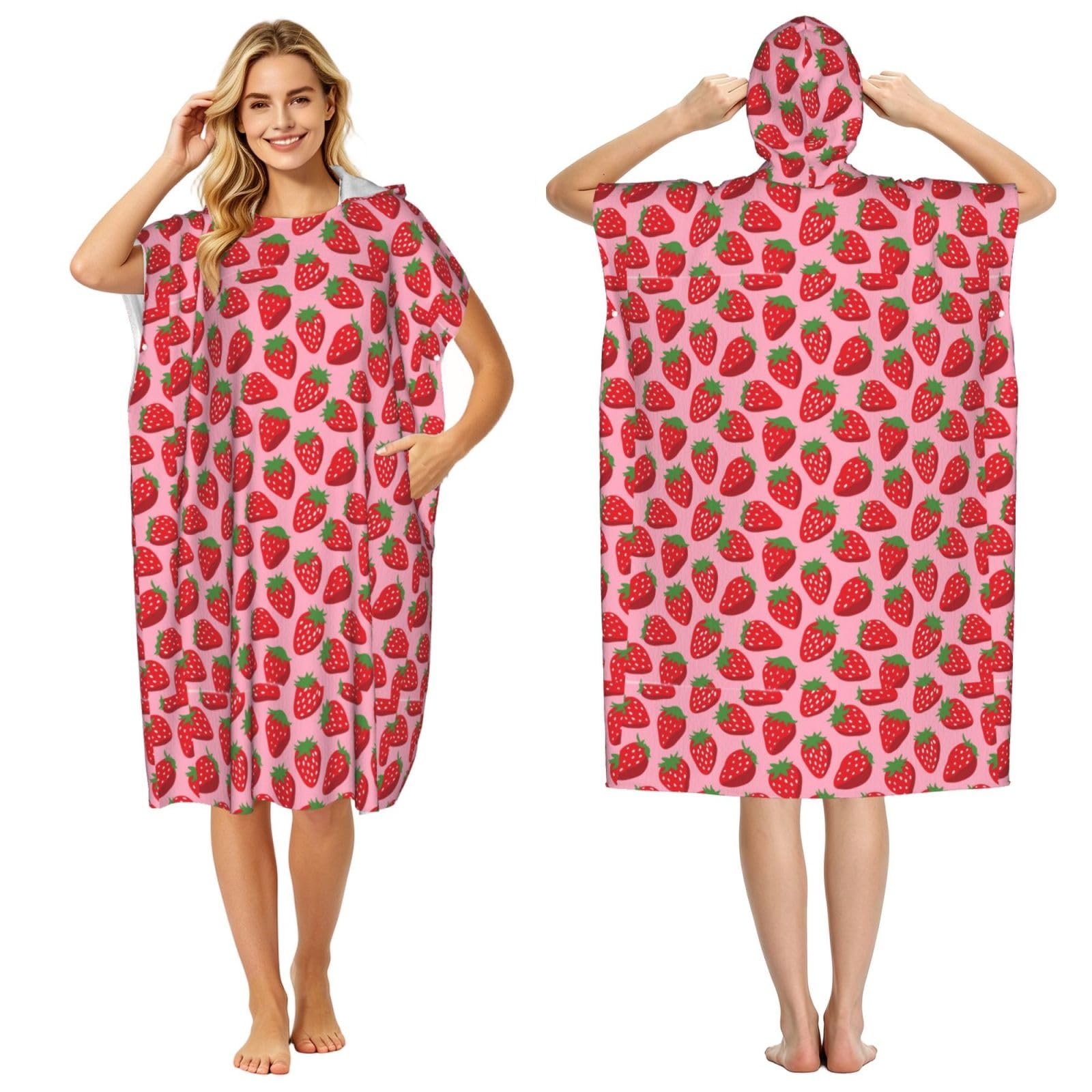 Poadnly Strawberry, Adult Hooded Beach Towel 90 x 110 cm,Changing Bath Robe, Surf Poncho Towel For Women Men