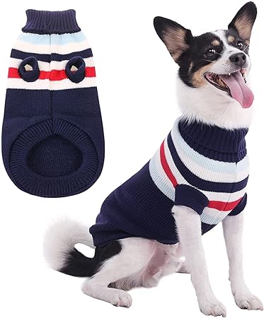 KUTKUT Dog Sweater | Warm Strip Dog Winter Knitwear Clothes with Elastic Leg Bands | Soft Acrylic Knitted Pet Pullover for Small Medium Large Doggy (Blue, Size: L)