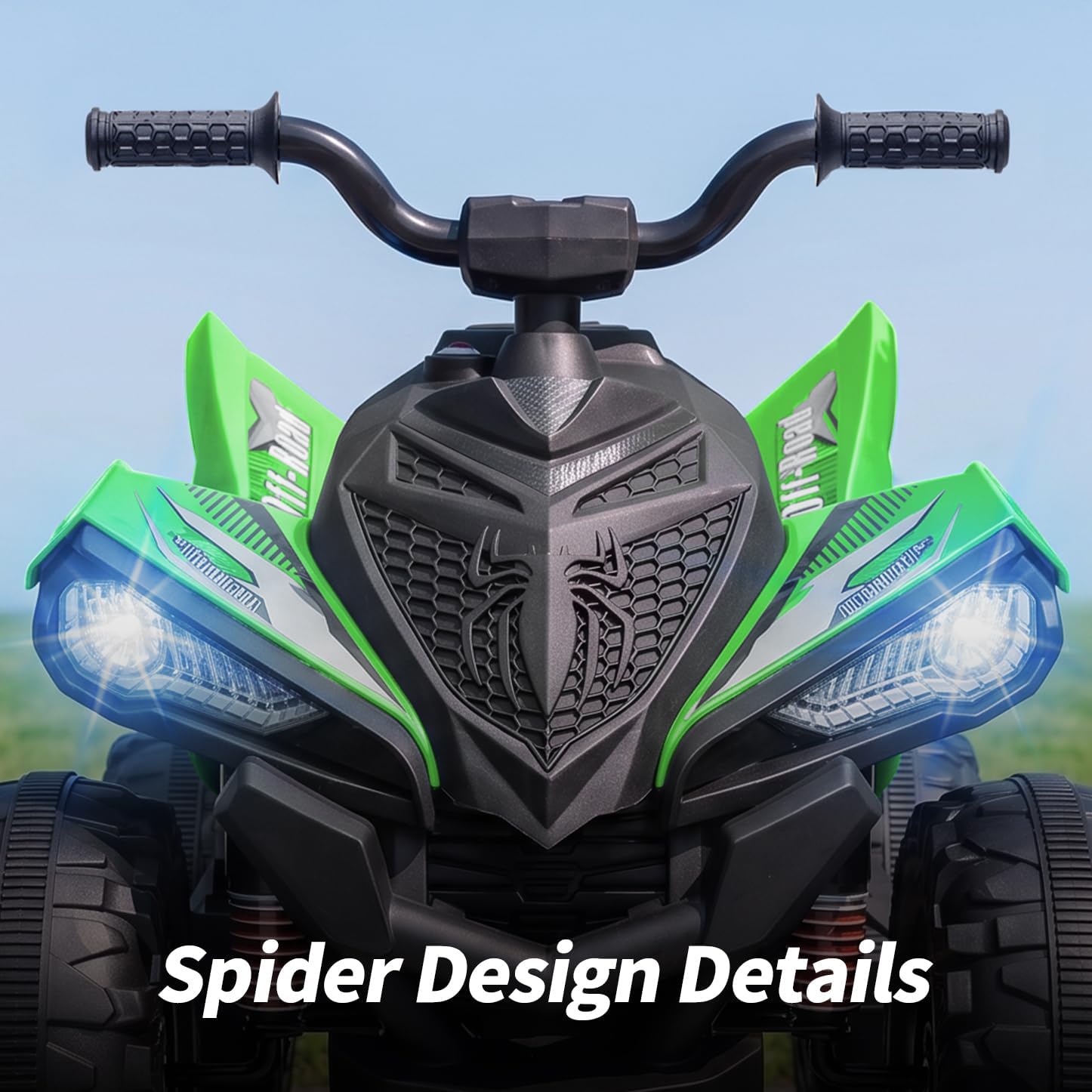 Close-up of the front of the Hikiddo Spider 24V Kids ATV, highlighting the spider-inspired design details on the grille and headlights.
