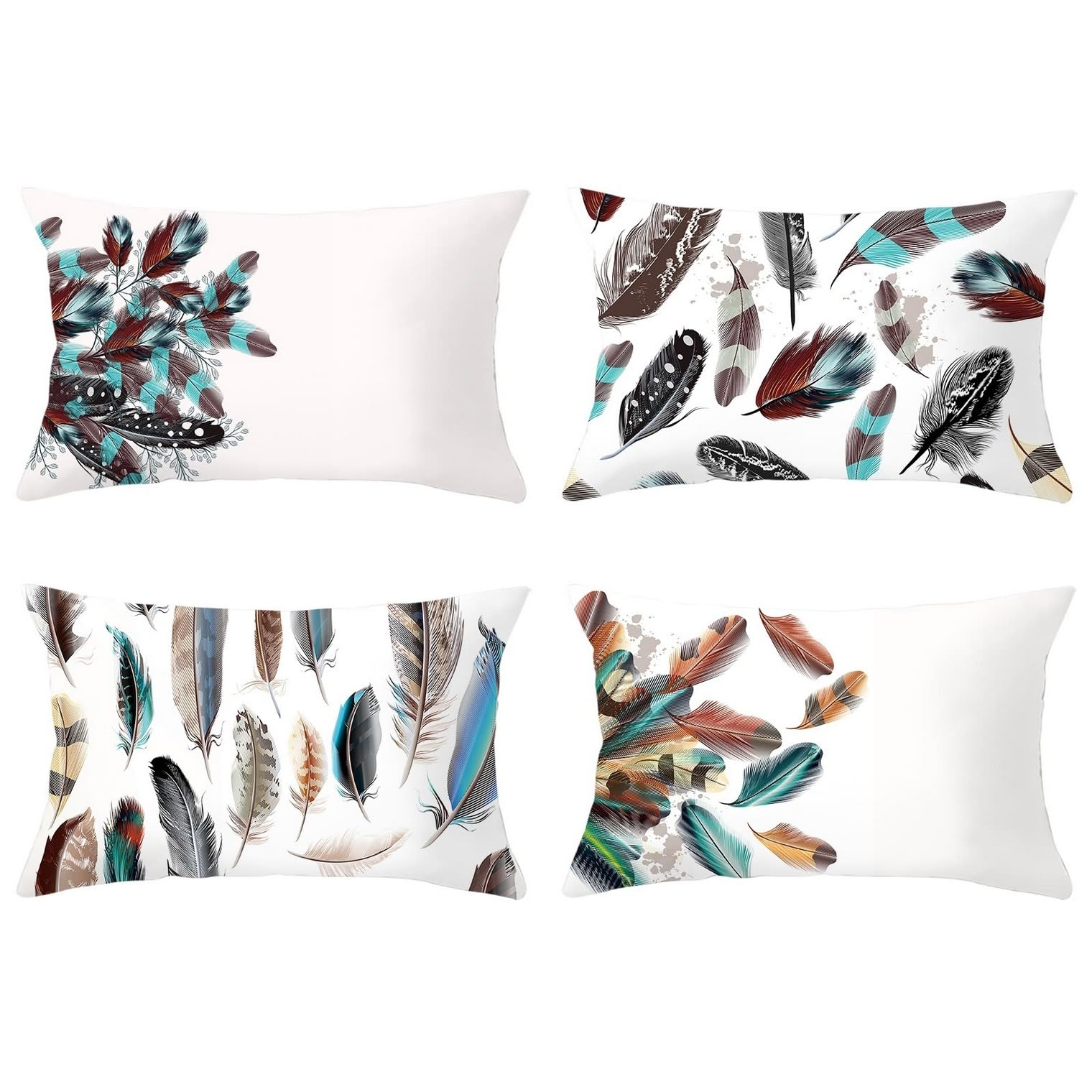 Housse de coussin soie imprimé plume blanc 30x50cm lot de 4 pour canapé