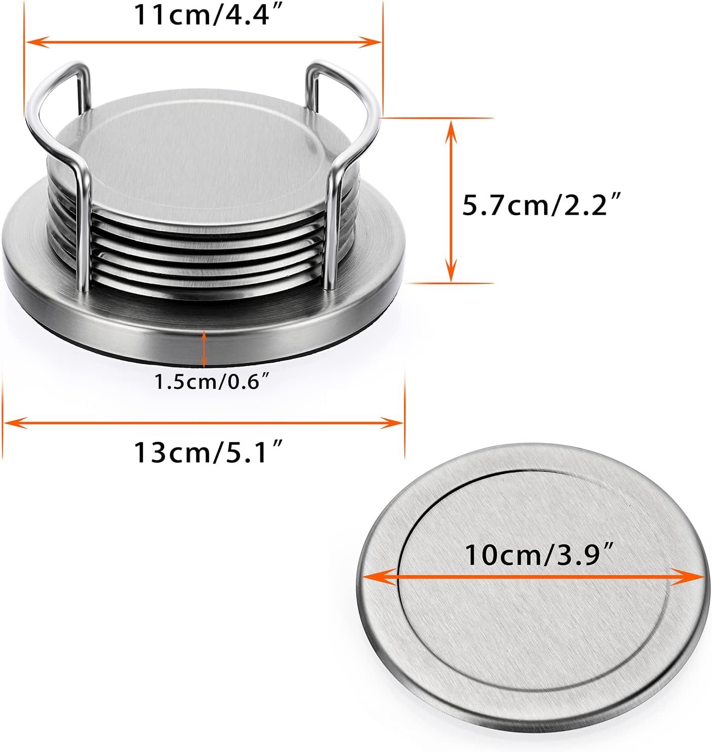 JUXYES Set of 6 Stainless Steel Round Coasters with Holder & Sponge Bottom, Silver Metal Cup Coasters Set Stunning Cool Coaster Cups Mats Decor for Restaurant Kitchen bar Dining Table - Image 2