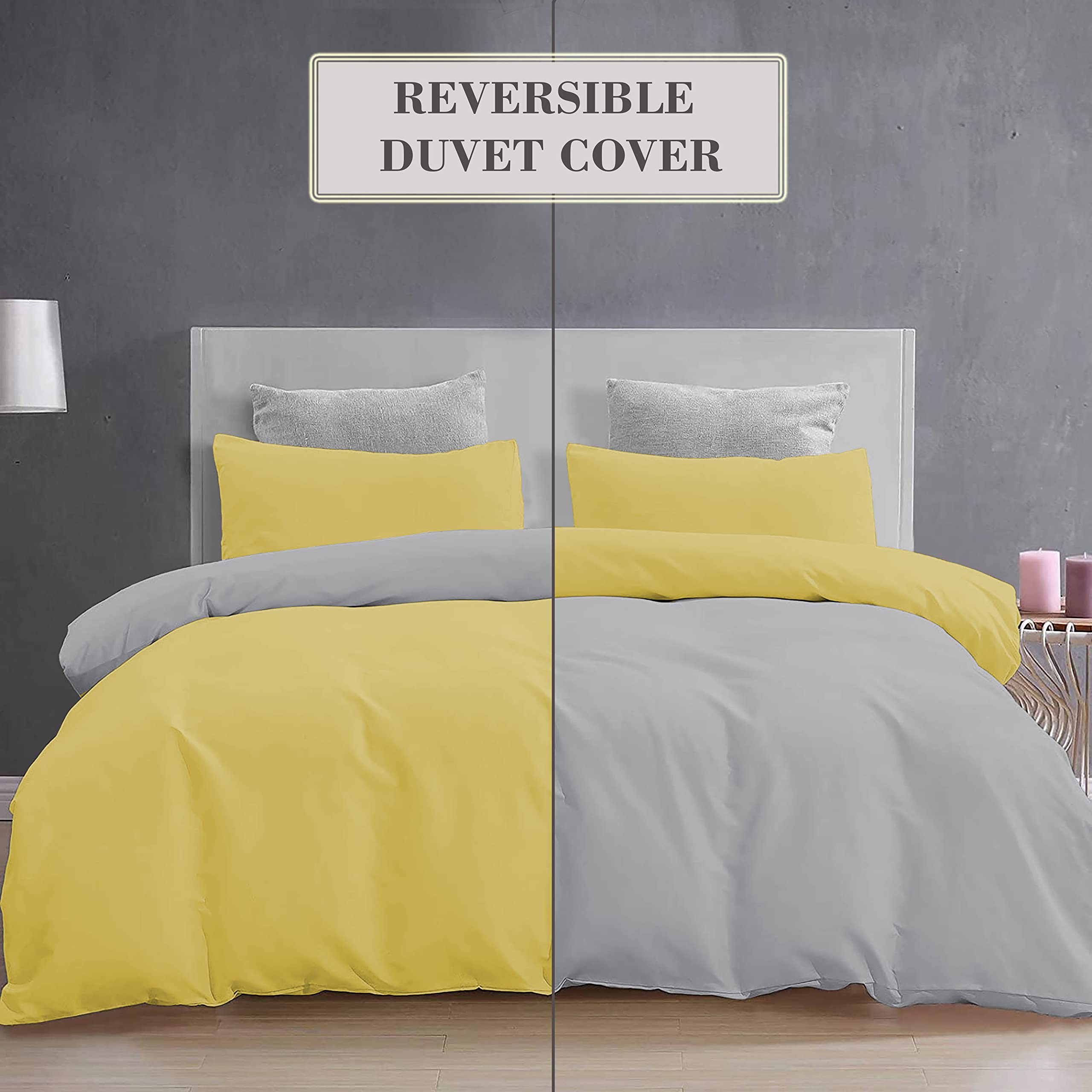 YRM Bedding's Duvet Covers - 100% Microfiber Reversible, 3-Piece Duvet Cover Set, Ultra Soft with Zipper Closure(91X101 Inches) and 2 Pillow Cover (18X28 Inches) - Double Bed Size(Silver/Gold Yellow) 1