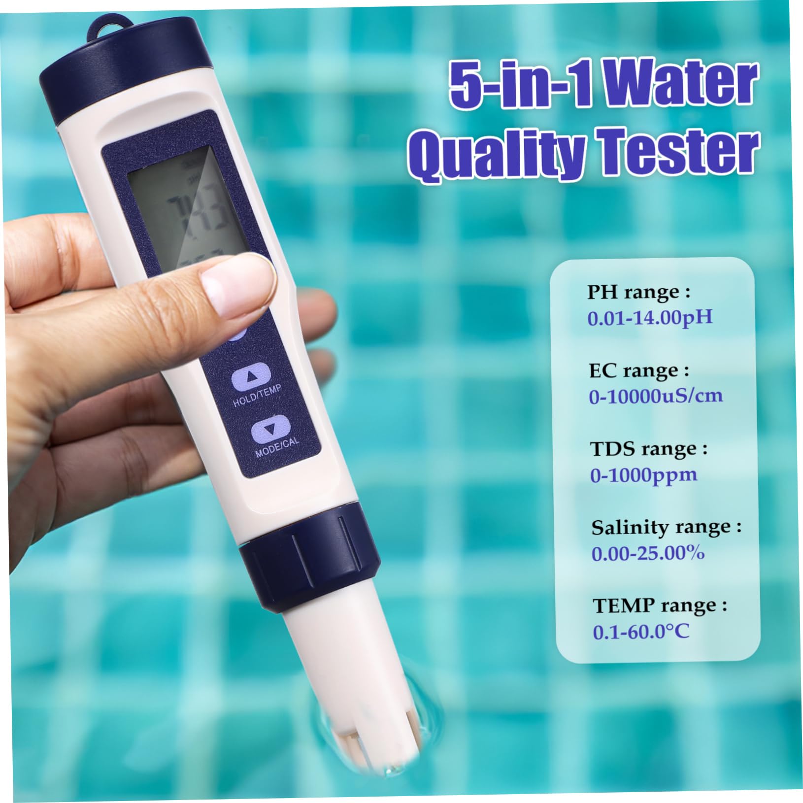 Digitaler Wasserqualitätsprüfer 5-in-1 aus Kunststoff für Pool