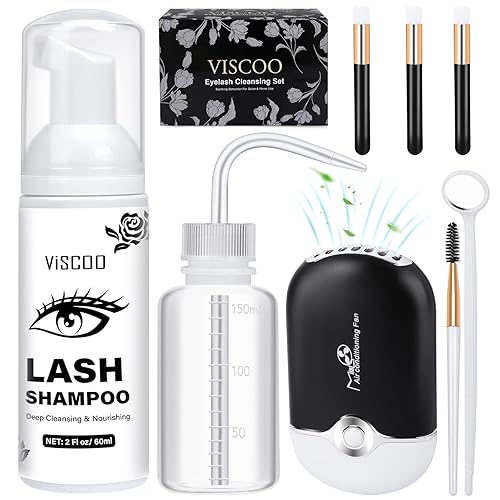 VISCOO Champú de pestañas para kit de extensión de pestañas, limpiador de extensiones de pestañas con ventilador de pestañas USB, botella de lavado