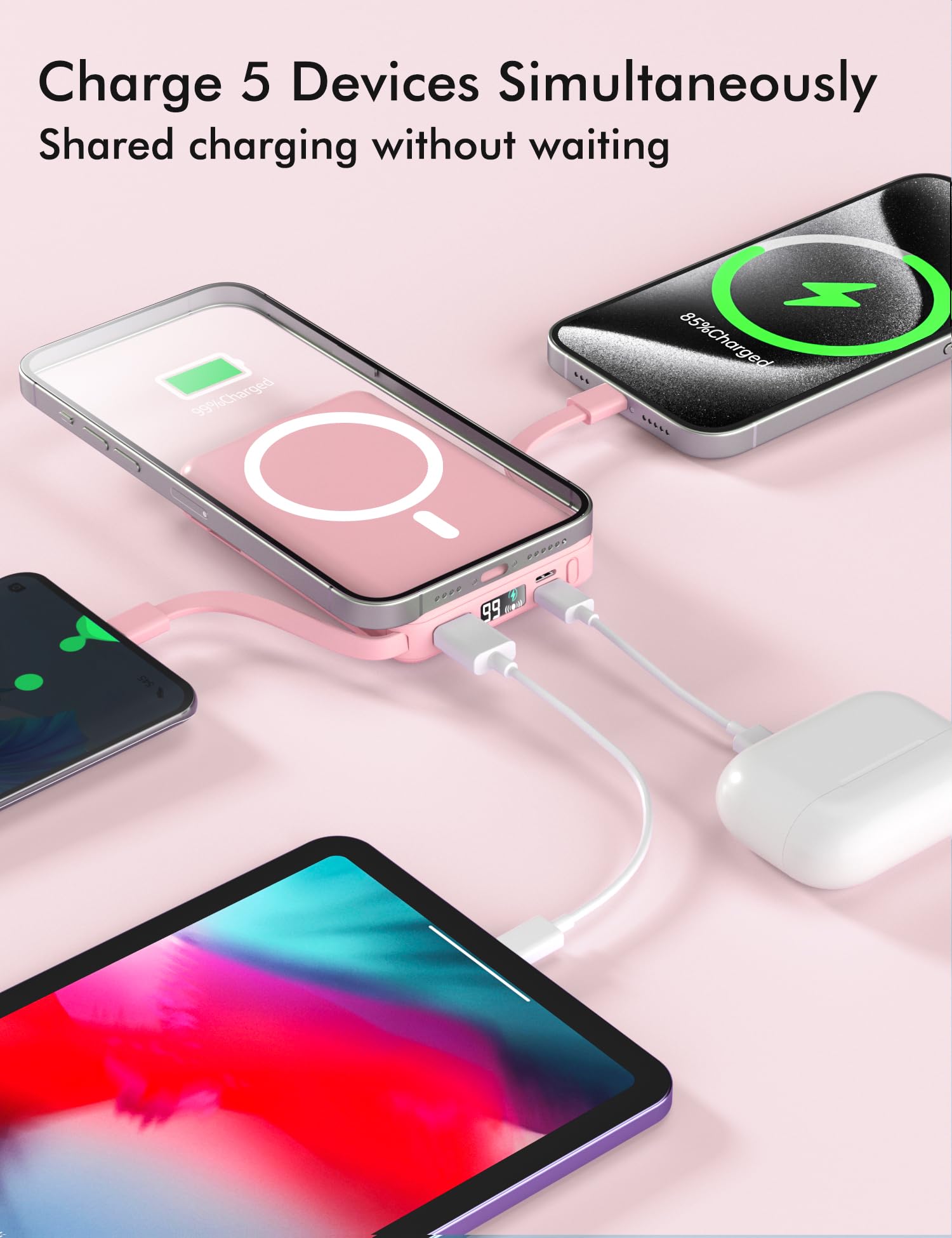 Podoru Power Bank Magnetico, 10000mAh Caricabatterie Portatile per MagSafe Powerbank Wireless PD 22.5W USB-C Ricarica Rapida Power Bank per iPhone 16/15/14/13/12 Mini/Pro/Plus/Pro Max- Rosa