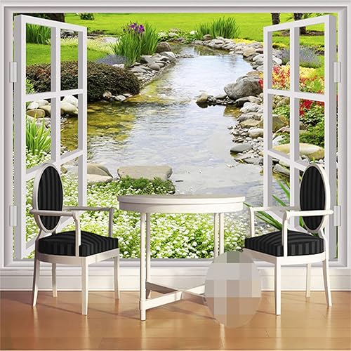 Mural 3D de ventana de jardín pequeño de flores de río, papel tapiz 3D, papel tapiz moderno y simple de paisaje, calcomanía de pared, suave, sin