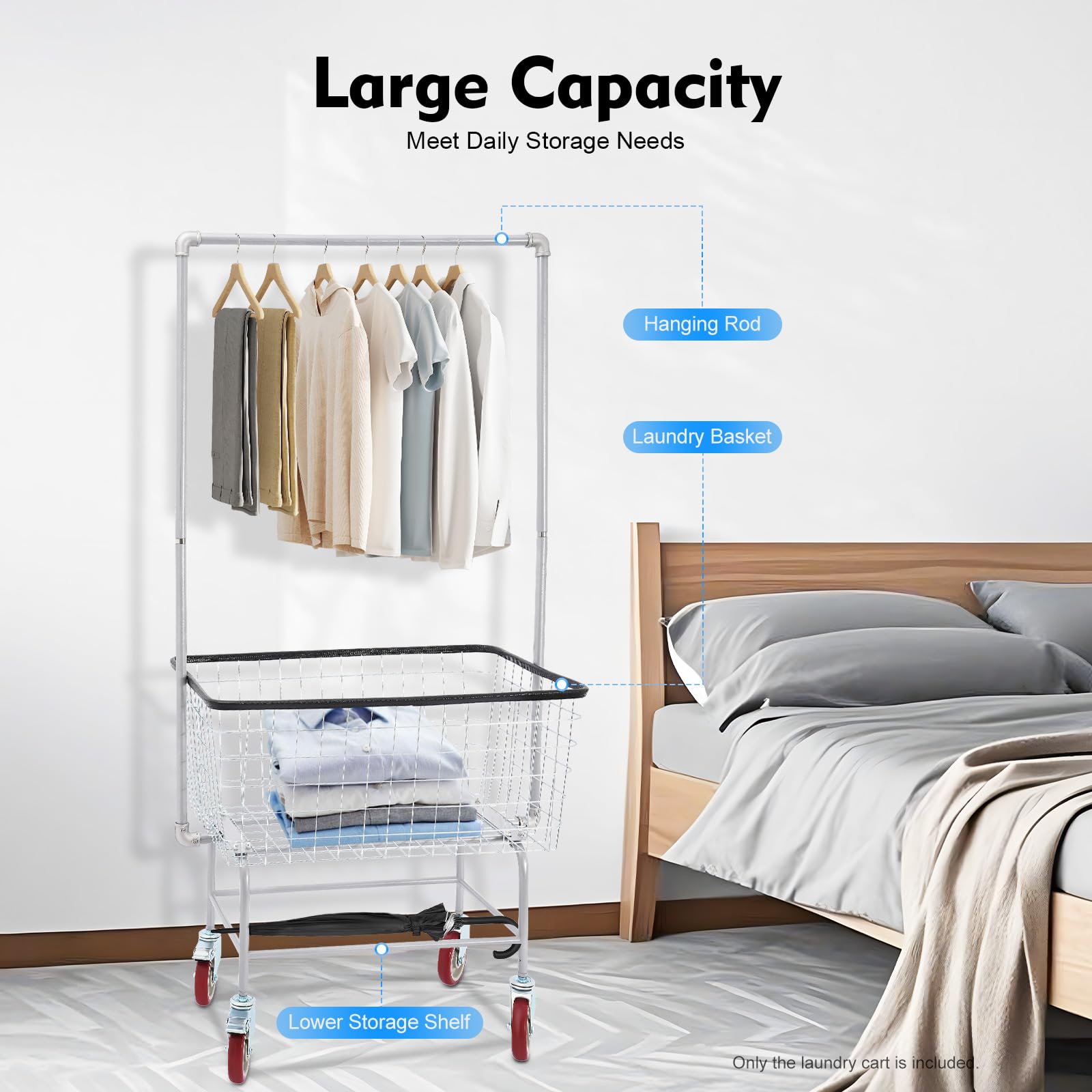 LyeXD Wire Laundry Cart on Wheels, 27 * 22 * 67in Laundry Basket Rolling Laundry Basket Wire Basket Cart with Hanging Rack, Commercial Laundry Basket Cart with 5'' Casters for Home, Hotel, Bathroom