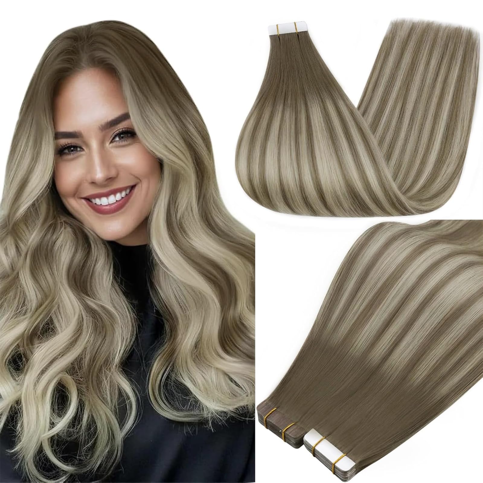 Full Shine Brown And Blonde Tape in Extensions Human Hair Color 7/1000/7 Ombre Tape in Hair Extensions 14Inch Hair Extensions Real Human Hair 50Gram