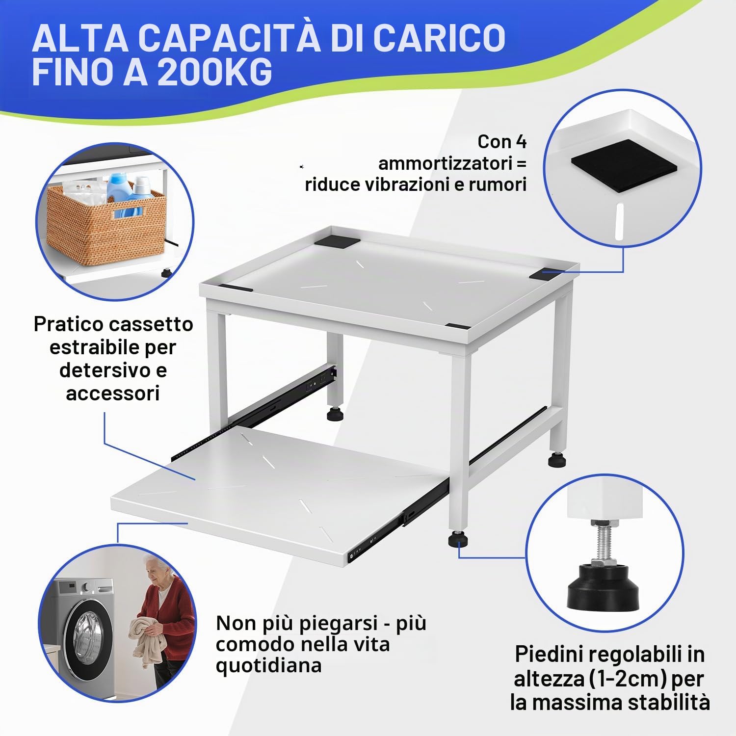 Herrselsam Base per lavatrice con cassetto, altezza 45,5 cm, portata 200 kg, supporto per dispositivi con piedini regolabili e cuscinetti antivibrazione, piedistallo per asciugatrice, frigorifero