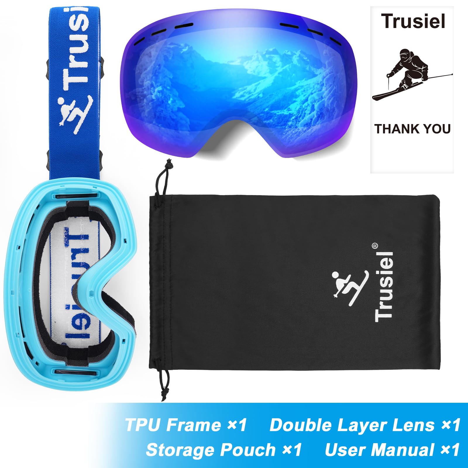 Trusiel Maschera Sci, Occhiali da Sci OTG, Anti Nebbia Anti-UV Maschera da Sci Donna Uomo, Occhiali da Sci Casco Compatibile per Sci Snowboard Sport Invernali