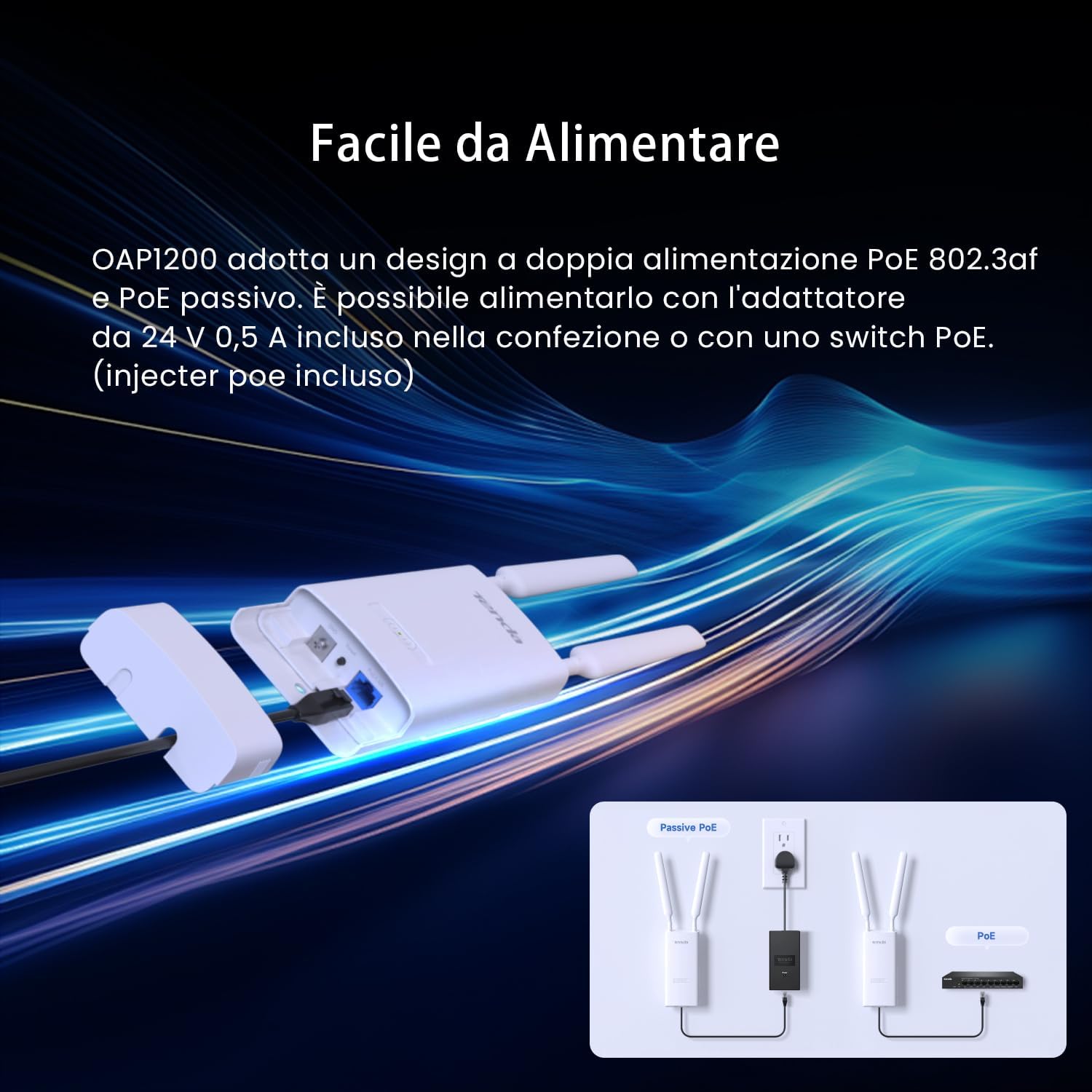 Tenda OAP1200 Access Point Esterno AC1200 Doppia Banda, Indoor/Outdoor Access Point 1200Mbps, IP65, MU-MIMO, OFDMA, Roaming Senza Interruzioni, Fino a 256 Dispositivi, PoE 802.3af & Passive PoE
