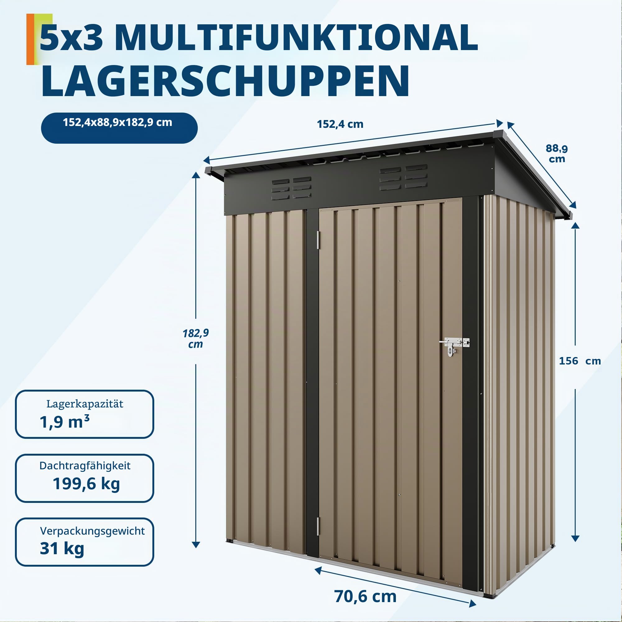 Kompaktes Metall Gerätehaus mit Abschließbarer Einzeltür & Schrägem Dach – Wetterfester Outdoor Stauraum, Platzsparend für Werkzeuge & Geräte – 152 x 91 x 183 cm, Braun