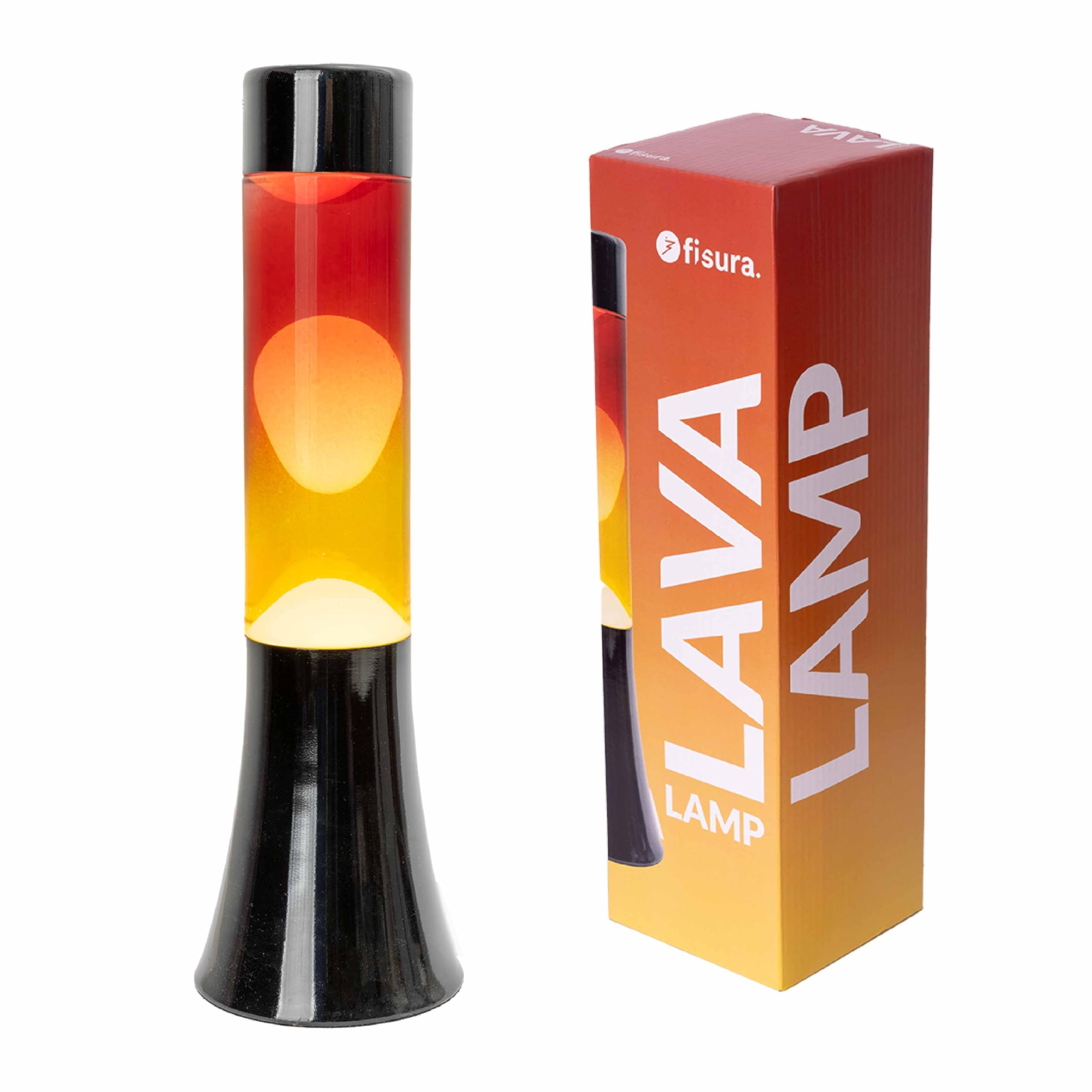 Fisura - Lámpara de lava multicolor degradado. Lámpara de lava de 30 cm con base negra y cristal con efecto degradado atardecer. Lámpara efecto relajante. 9x9x30 cm