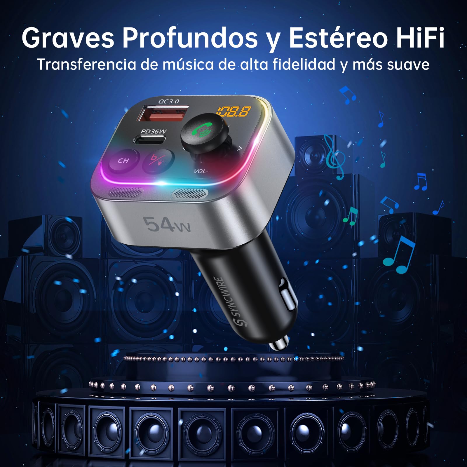 Syncwire Transmisor FM Bluetooth 5.4 54W PD&QC3.0 Cargador de Coche USB C [Micrófonos Duales & Sonido de Bajos HiFi] [Carga Rápida] [Interruptor de Luz] Receptor de Radio Llamadas Manos Libres