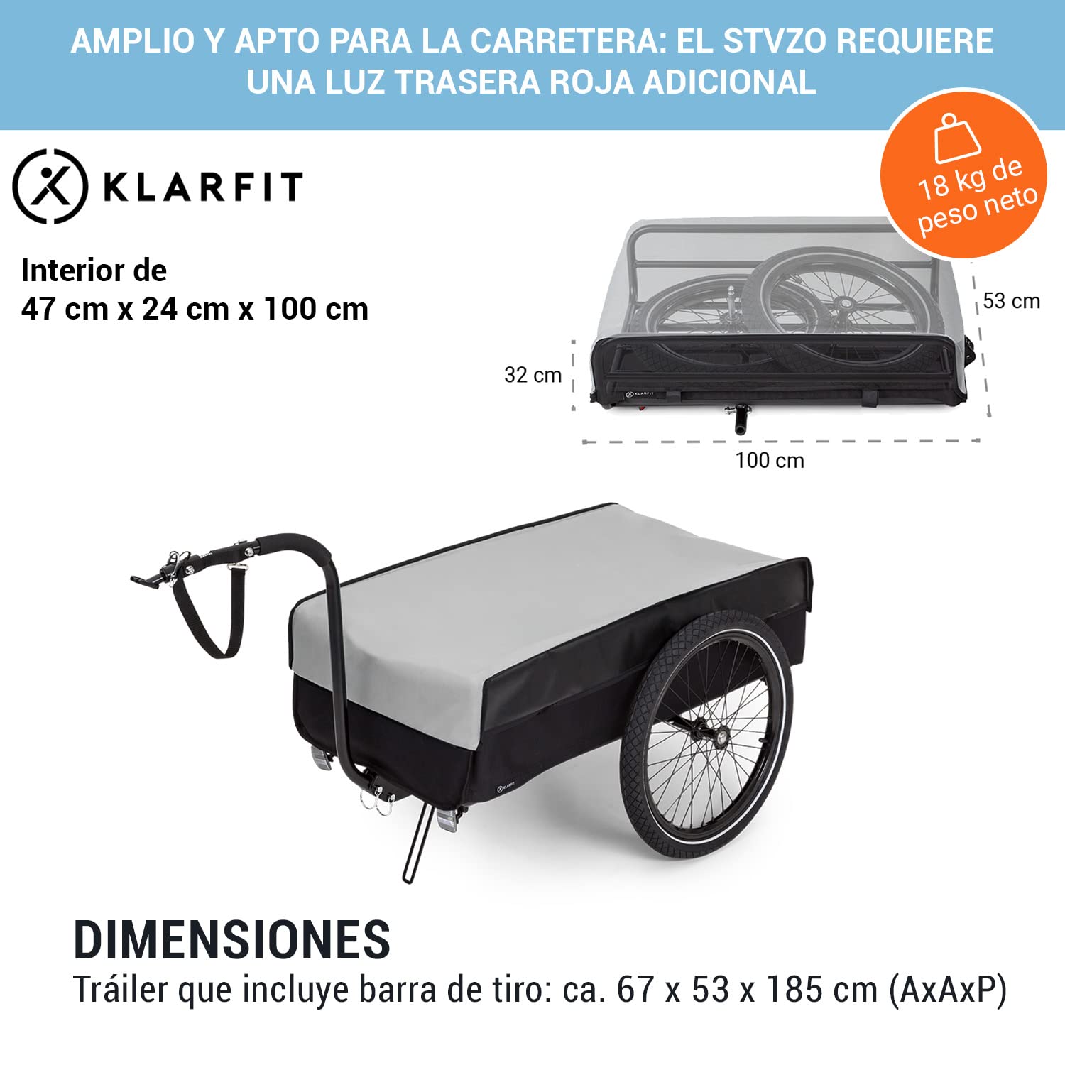 Klarfit Remolque para Bicicleta con 2 Ruedas, Carro Bicicleta Kit de Enganche para Carga, Acero con Enganche y Soporte, Remolque Impermeable para Bicicletas Almacenamiento y Transporte