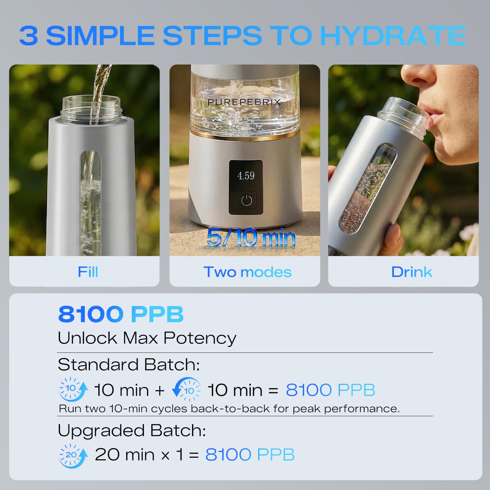 PUREPEBRIX H8000 Wasserstoff-Wasserflaschengenerator 12000 PPB tragbar alkalischer Wasserkrug Platin-Iridium-Katalysator OLED-Display