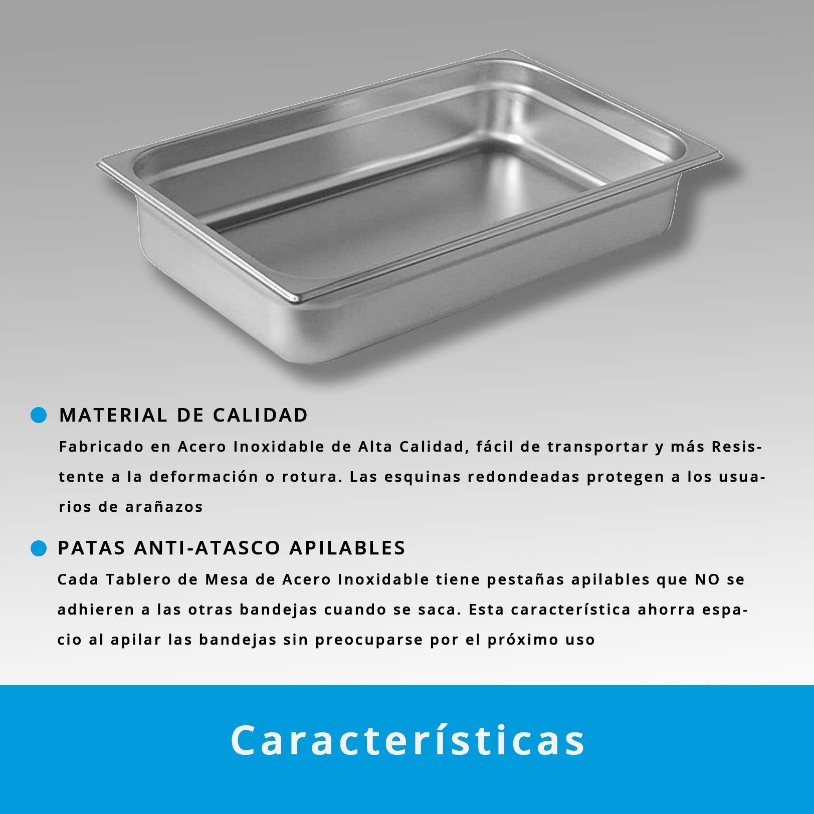 Contenitore Gastronorm GN 1/1 in Acciaio Inossidabile (Profondità 100 mm) (Dimensioni 530x325 mm) · Angoli arrotondati · Resiste fino a 260 ºC