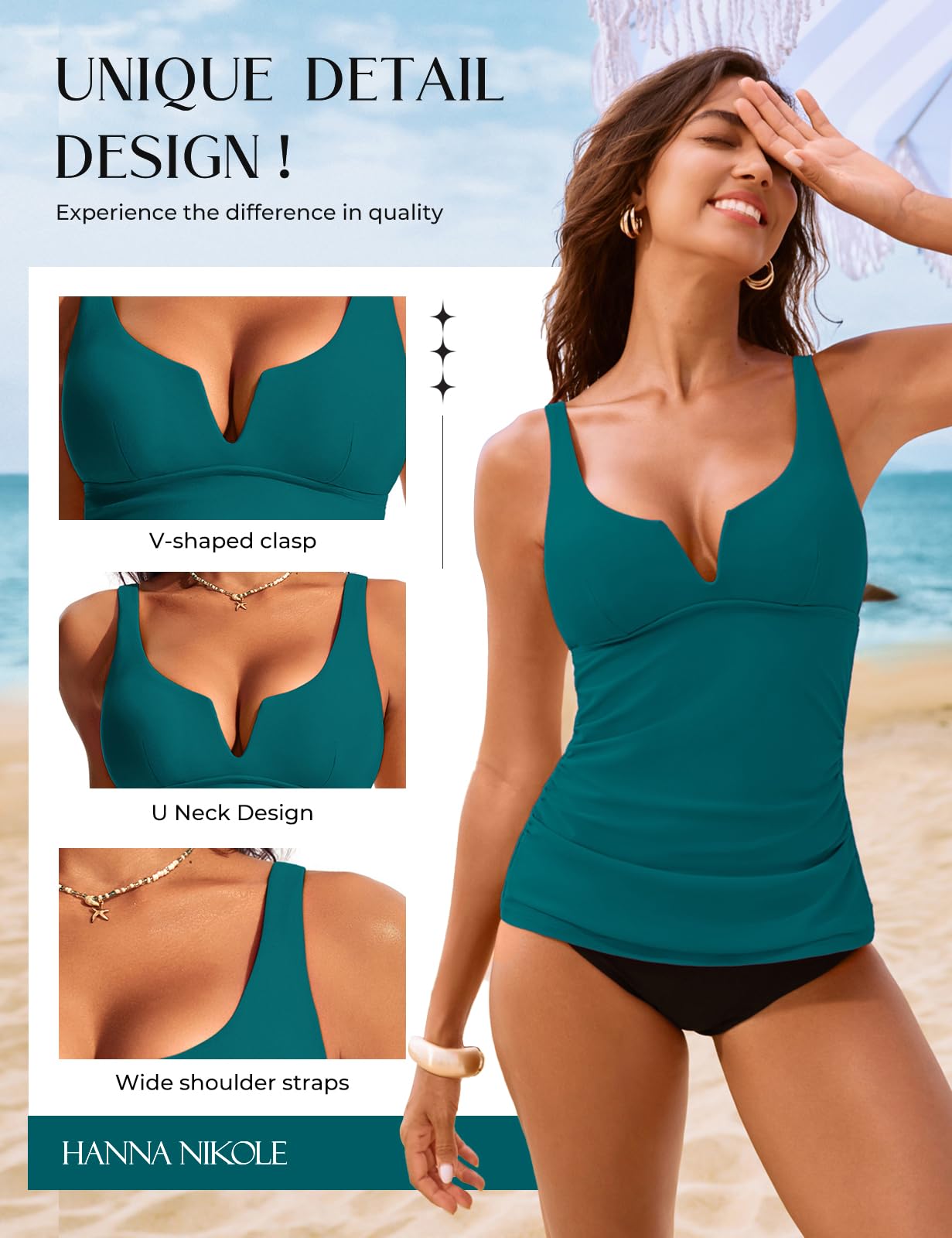 Hanna Nikole Tankini top dla kobiet, wyszczuplający brzuch, top z fiszbinami, sportowy top dla kobiet (tylko tankini)