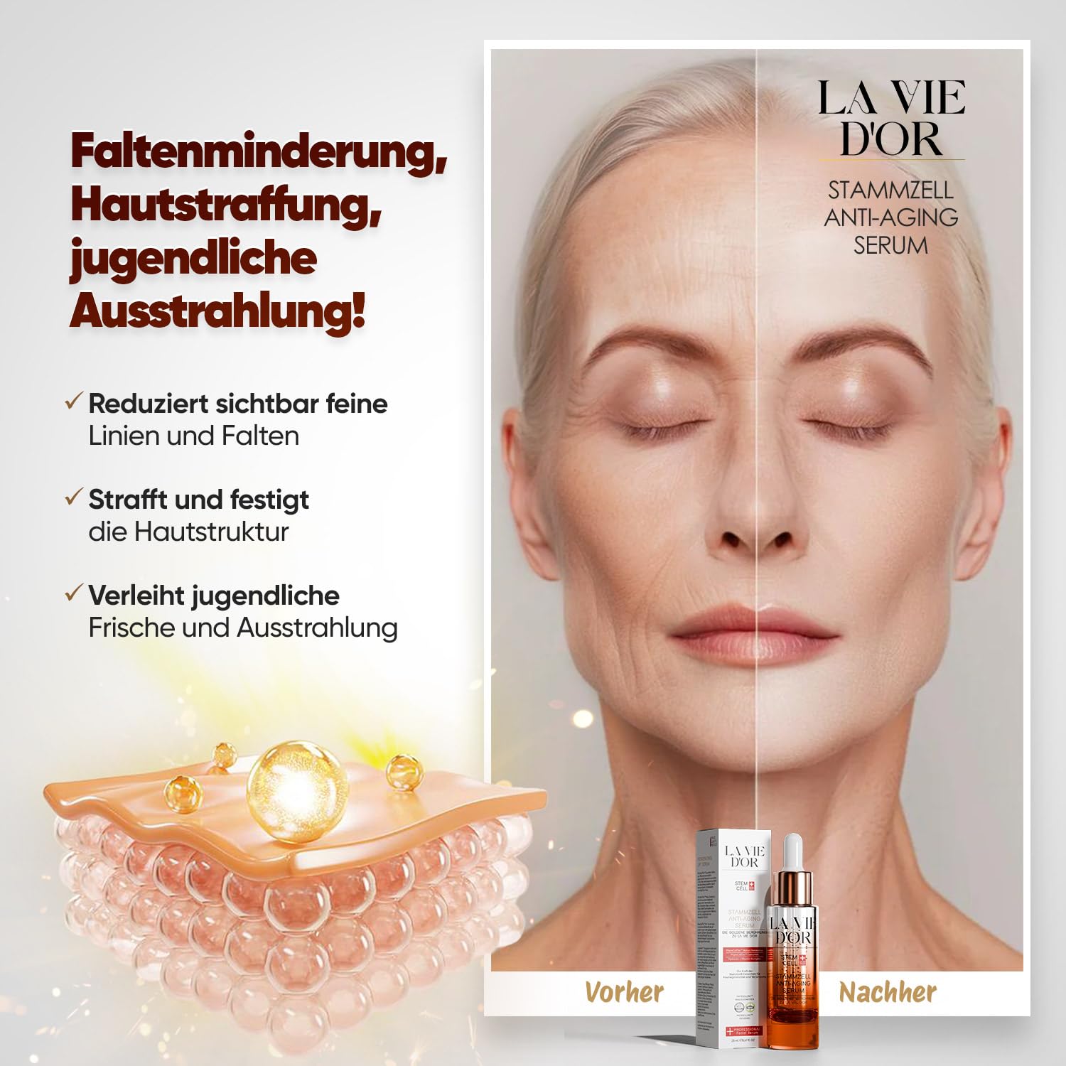 La Vie D'Or Premium zestaw do pielęgnacji skóry – serum przeciw starzeniu się skóry + krem do twarzy SPF 30 + mydło naturalne Elythia – technologia komórek macierzystych, egzoomy, szwajcarska jakość