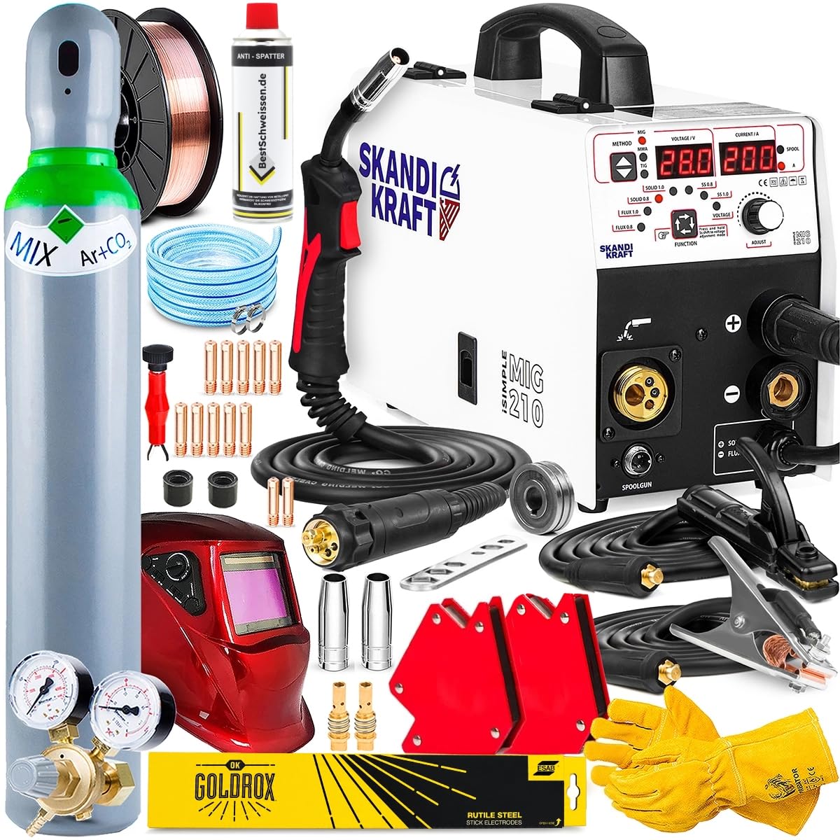 SKANDI KRAFT iSIMPLE MIG 210 - Kit completo con botella de gas de 8 l y casco - Estación de soldadura de gas de protección 4 en 1 MIG MAG 200 A 230 V - Soldador de alambre de llenado sin gas, TIG MMA