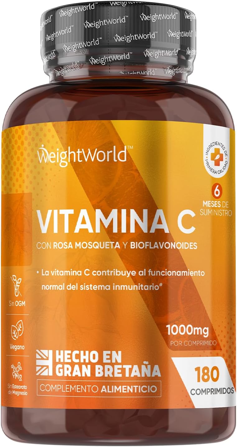 Vitamina C 1000mg, 180 Comprimidos Veganos con Bioflavonoides y Rosa Mosqueta, 6 Meses de Suministro - Contribuye al Funcionamiento Normal del Sistema Inmunitario (EFSA), Sin Gluten ni OGM