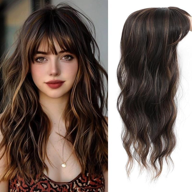 Hair Toppers for Women with Thinning Topper Hair Pieces Wispy Clip in Bangs | 6.5''x6.5'' 20 Inch Lightweight Breathable Curly Wavy Ladies Wiglets Toppers-Dark Brown Mixed Chestnut