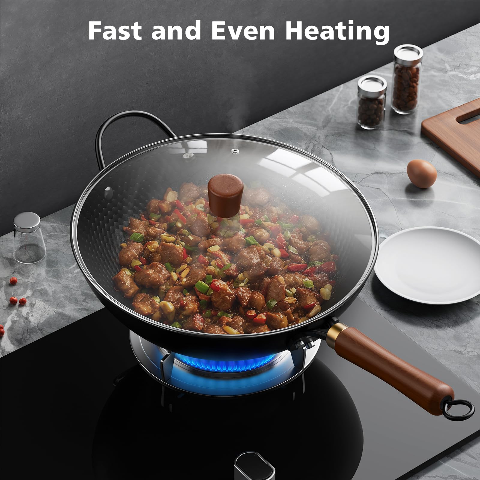 Wok antiadherente de acero al carbono de 13 pulgadas con cubierta de vidrio, woks y sartenes para inducción, eléctrica, gas, halógenos, todas las estufas 6