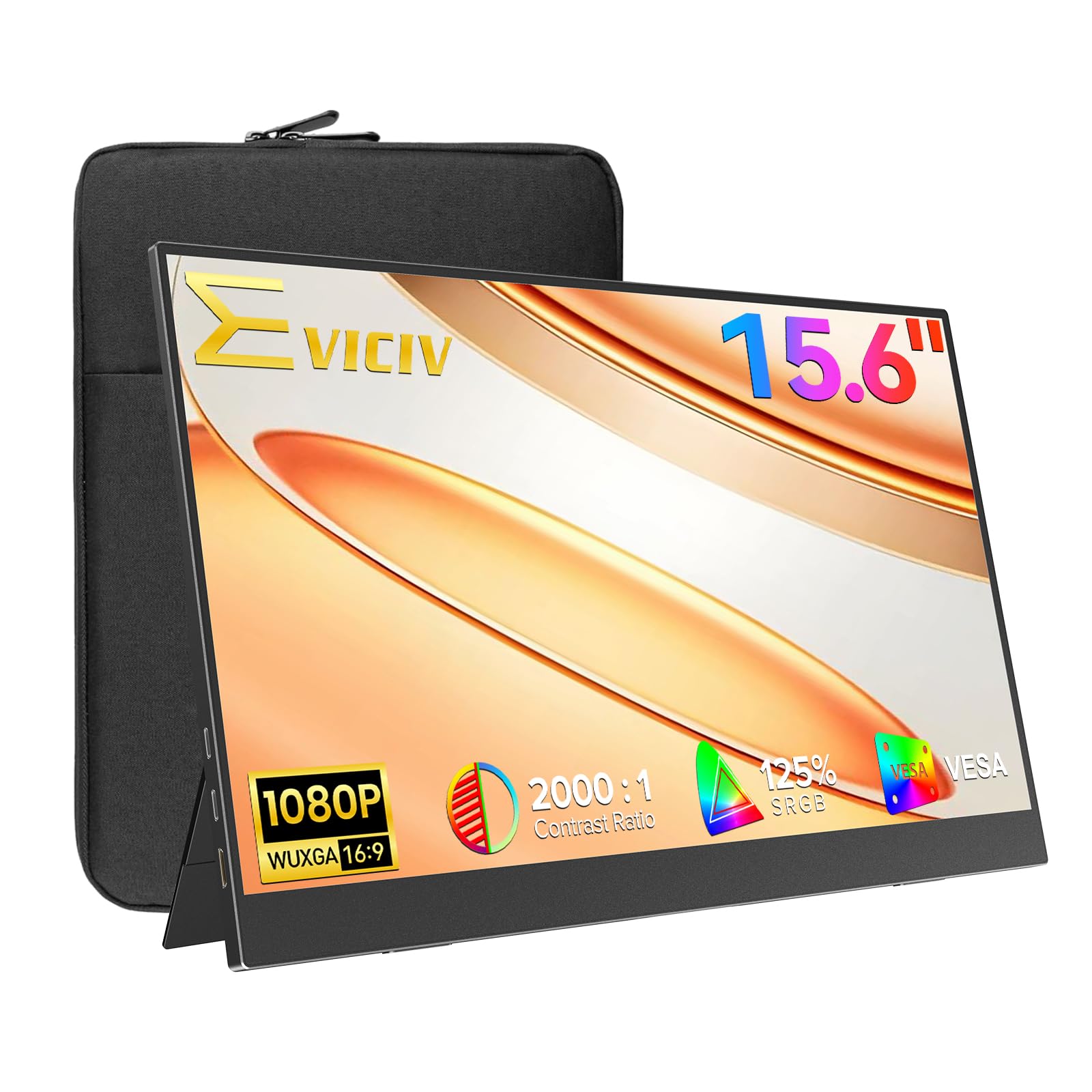 EVICIV Portable Monitor 15.6" 1080P with Case, FHD Travel Monitor for Laptop, IPS Portable Screen w/VESA & Stand, USB-C Mini HDMI Eye Care External Screen for PC/PS Game Consoles/Laptop/Phone