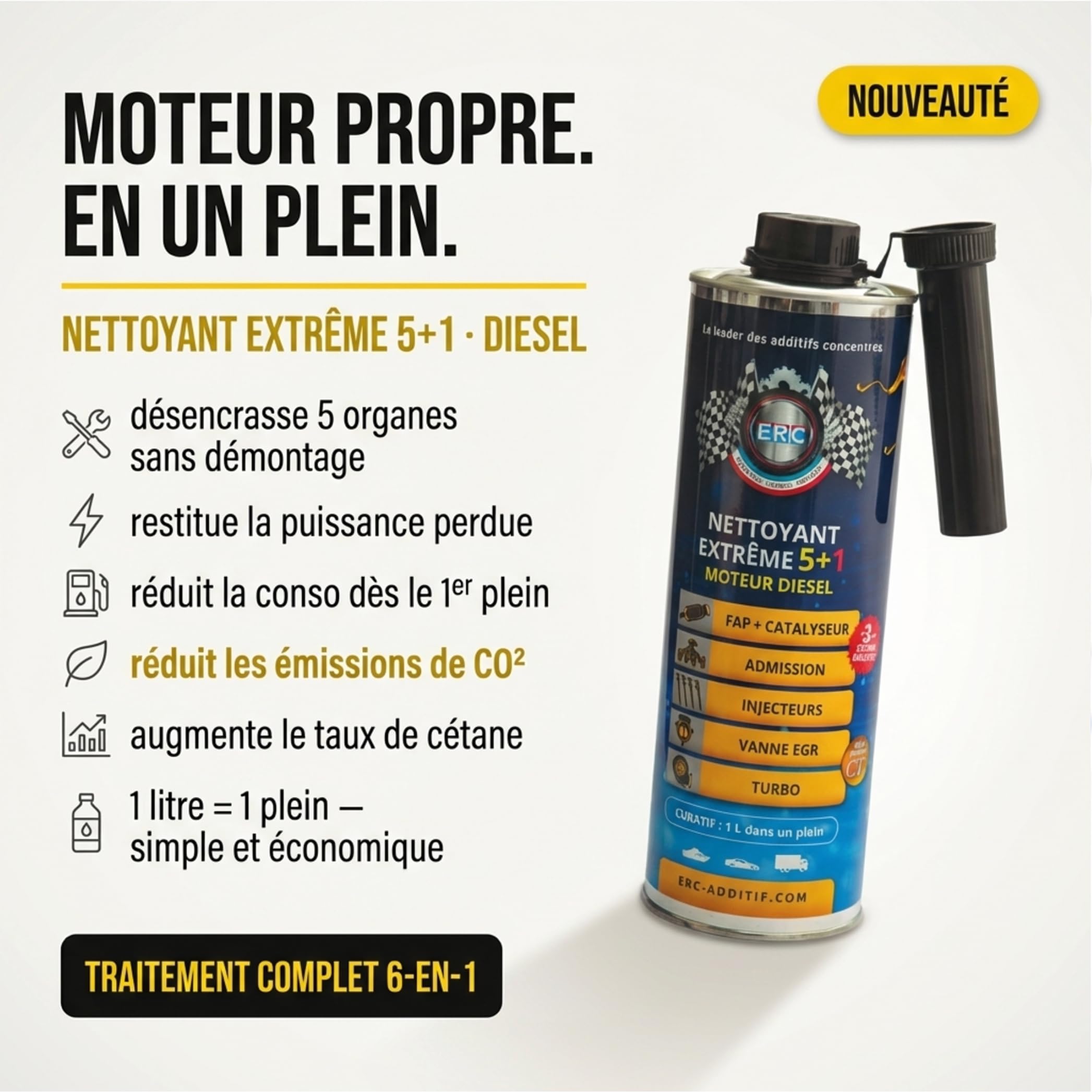 ERC | Nettoyant Extrême 5+1 Diesel Décrassant Moteur sans Démontage | Régénère FAP, Vanne EGR, Turbo, Injecteurs | Cétane Booster Puissance et Économie | Additif Pro Contrôle Technique | 1 L