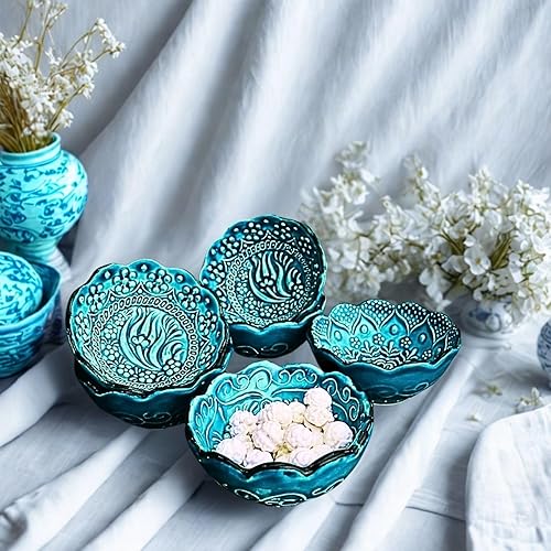 Miniatura 5 de LEMOSE Juego de 6 cuencos decorativos de cerámica turca hechos a mano, cuencos verdes para sumergir y servir, pequeños accesorios versátiles y
