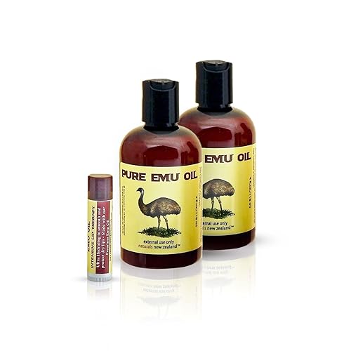 Emu Oil Premium Golden Grade A Set de 2 botellas y bálsamo labial de aceite de emú (paquete de 3 productos)