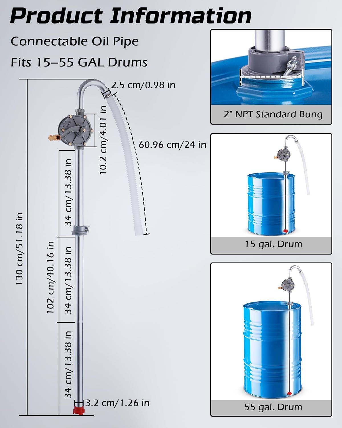55 Gallon Drum Pump, Manual Fuel Transfer Barrel Pump, Hand Crank Pump for Diesel, Kerosene, Hydraulic Fluid, All-Aluminum Rotary Siphon Oil Pump for Machinery Use, Fits 5–55 Gallon Drums