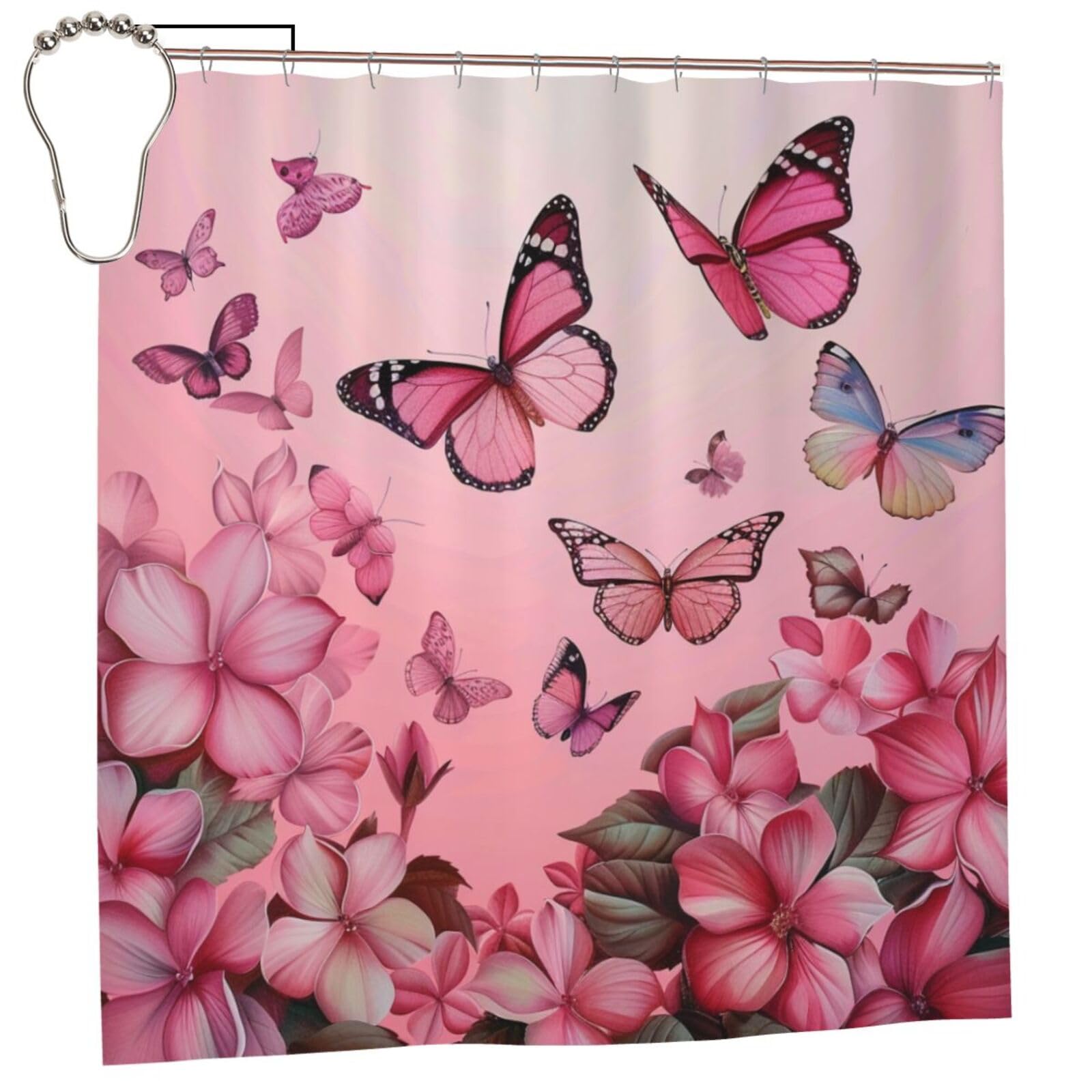 BWWHCCTI Butterflies Printed Shower Curtain With 12 Iron Hooks Opaque Quick Drying Waterproof Shower Curtains Sets For Bathroom 183x183 CM