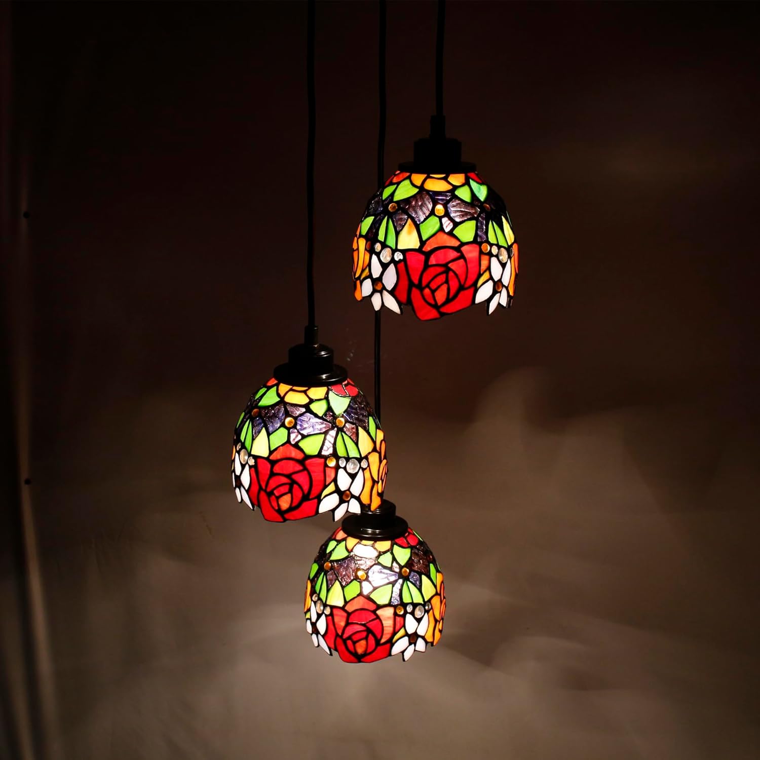 Tiffany Pendant Light Fixtures 3 Lights 12''Wide 43Inch Height(Adjustable) Stained Glass Hanging Lamp Metal Base Ceiling Lamp Chandelier for Kitchen Island Dining Room(Red Yellow Rose)
