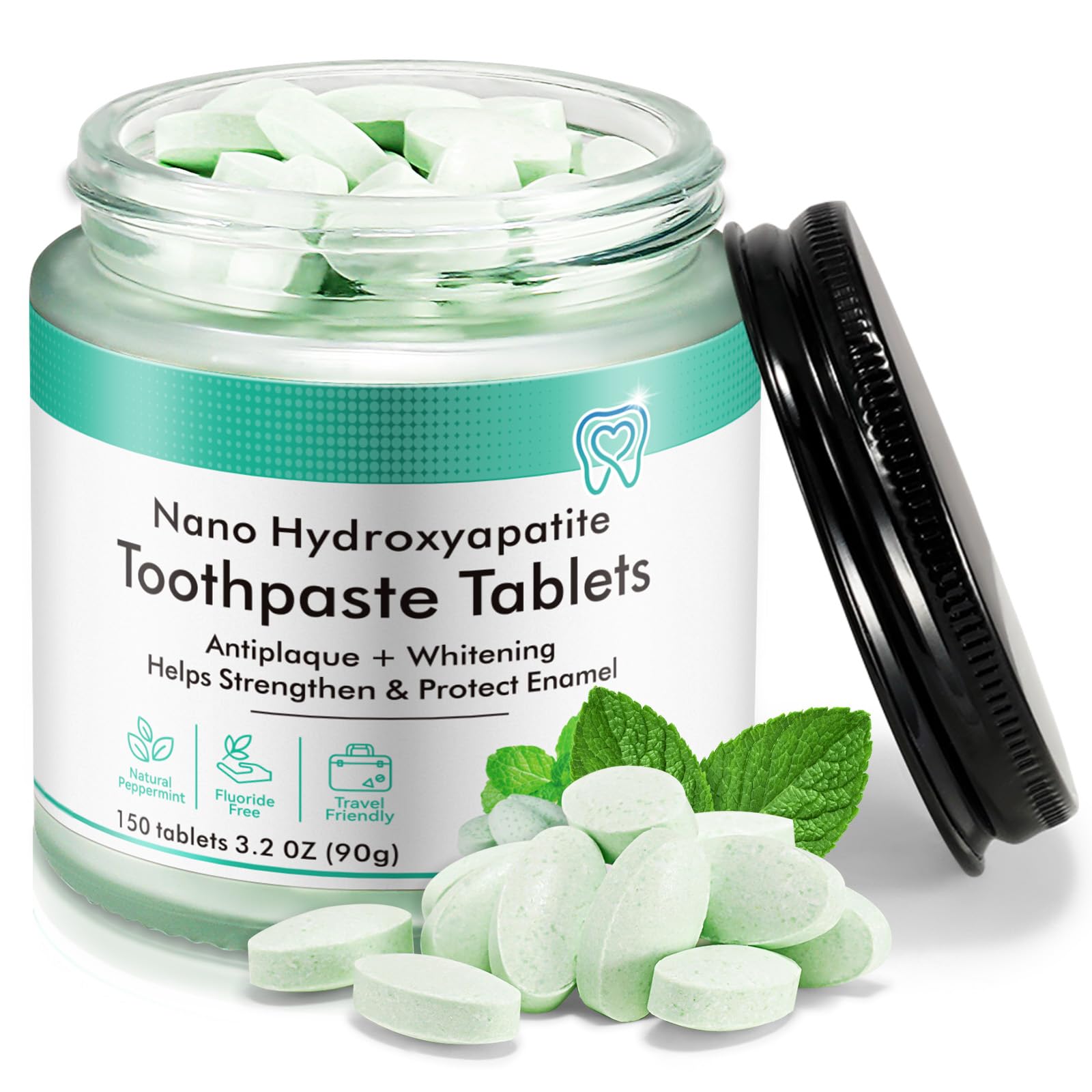 150 Pcs Toothpaste Tablets with Nano Hydroxyapatite for Deep Cleaning, Fresh Breath, Enamel-Safe, Fluoride & Plastic Free & Remineralizing Tablets with Coconut Oil, Peppermint, Xylitol[Amazon-developed Certification] Compact by Design