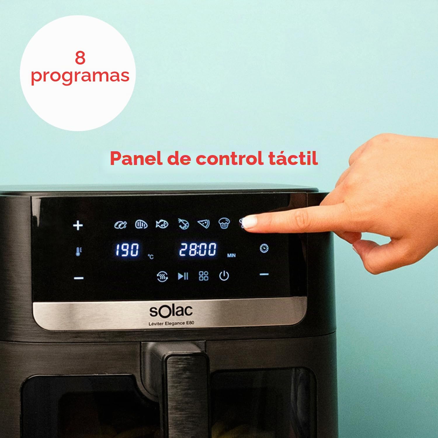 Solac - Air Fryer Leviter Elegance E80 | 1800W 8L | Pantalla Táctil | 8 Programas Automáticos | Temperatura Ajustable y Temporizador | Cocina Rápida | Apta para Lavavajillas | Negro