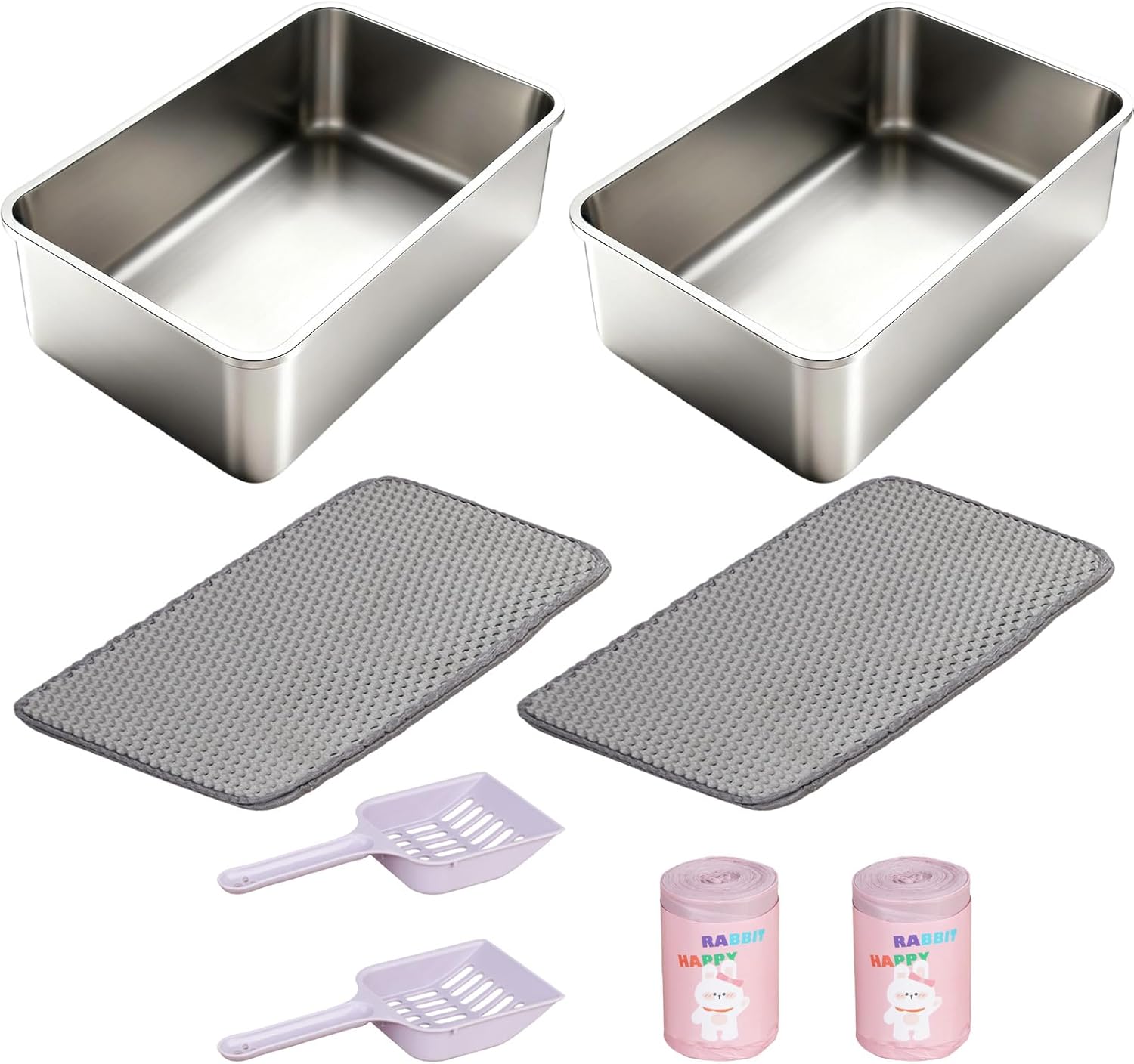 RUIAN 2Pack Stainless Steel Litter Box, Low-Entry Small Animal Litter Pan for Kittens & Rabbits, Includes 2 Mats & Scoops