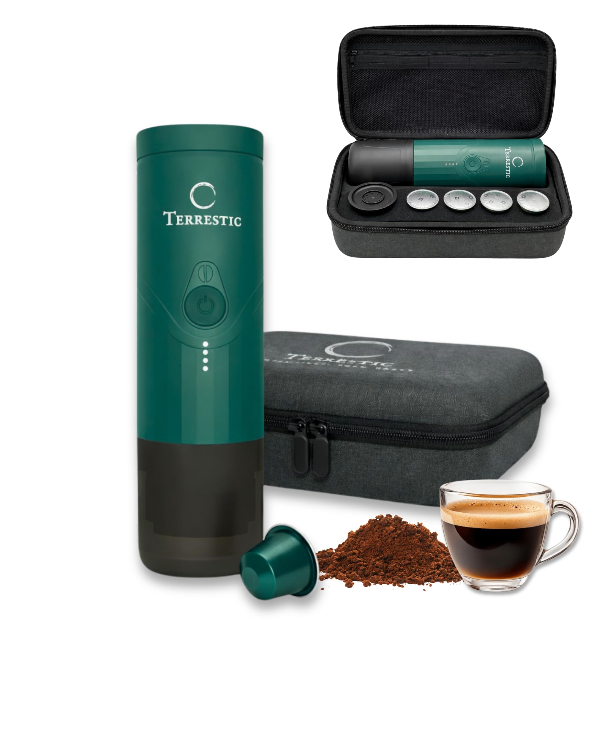 Cafetera expreso eléctrica portátil Terrestic Dose + estuche rígido de viaje - Para café molido y cápsulas Nespresso, funciona con pilas y se carga por USB-C, ideal para coche, camping (Verde azulado)