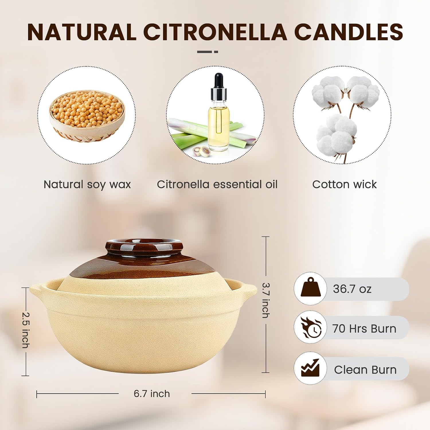 Citronella Candles Outdoor, 3-Wick Citronella Candles for Patio with Lid, Large Long Lasting Soy Wax Lemongrass Ceramic Outdoor Candle for Camping Backyard Garden Balcony Deck Indoor Home Gatherings