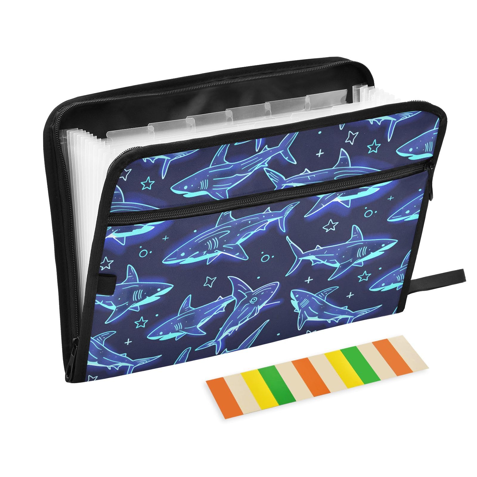 Shining Blue Sharks Expanding File Folder with Sticky Labels, 13 Pockets Accordion File Folder Document Organizer with Zipper Closure