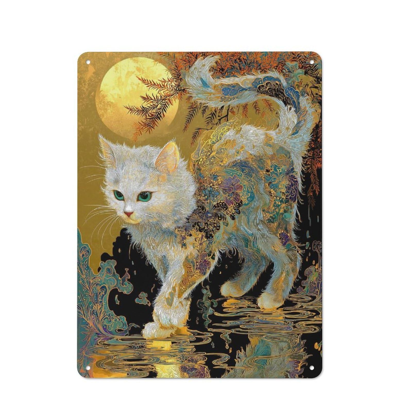 Junmoney Style-14 Ornate Cat Under Moonlight Rustic Printed Metal Sign 40X30cm For Garage Or Workshop, For Garage, Workshop And Man Cave Decoration