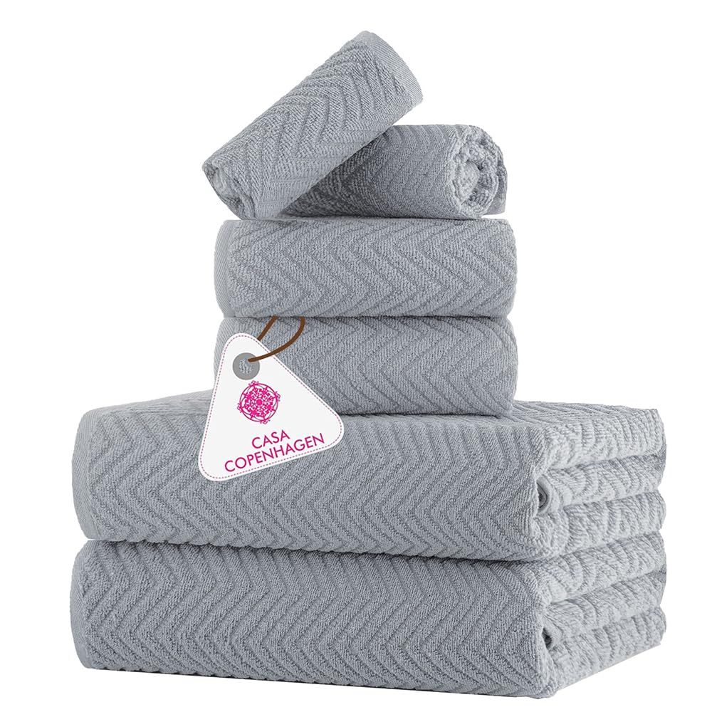 CASA COPENHAGEN Wave Textured 6 Piece Towel Set- Grey Violet, 550 GSM 2 Bath Towel 2 Hand Towel 2 Washcloth, Rough & Tough Use Cotton Towels Gift Set