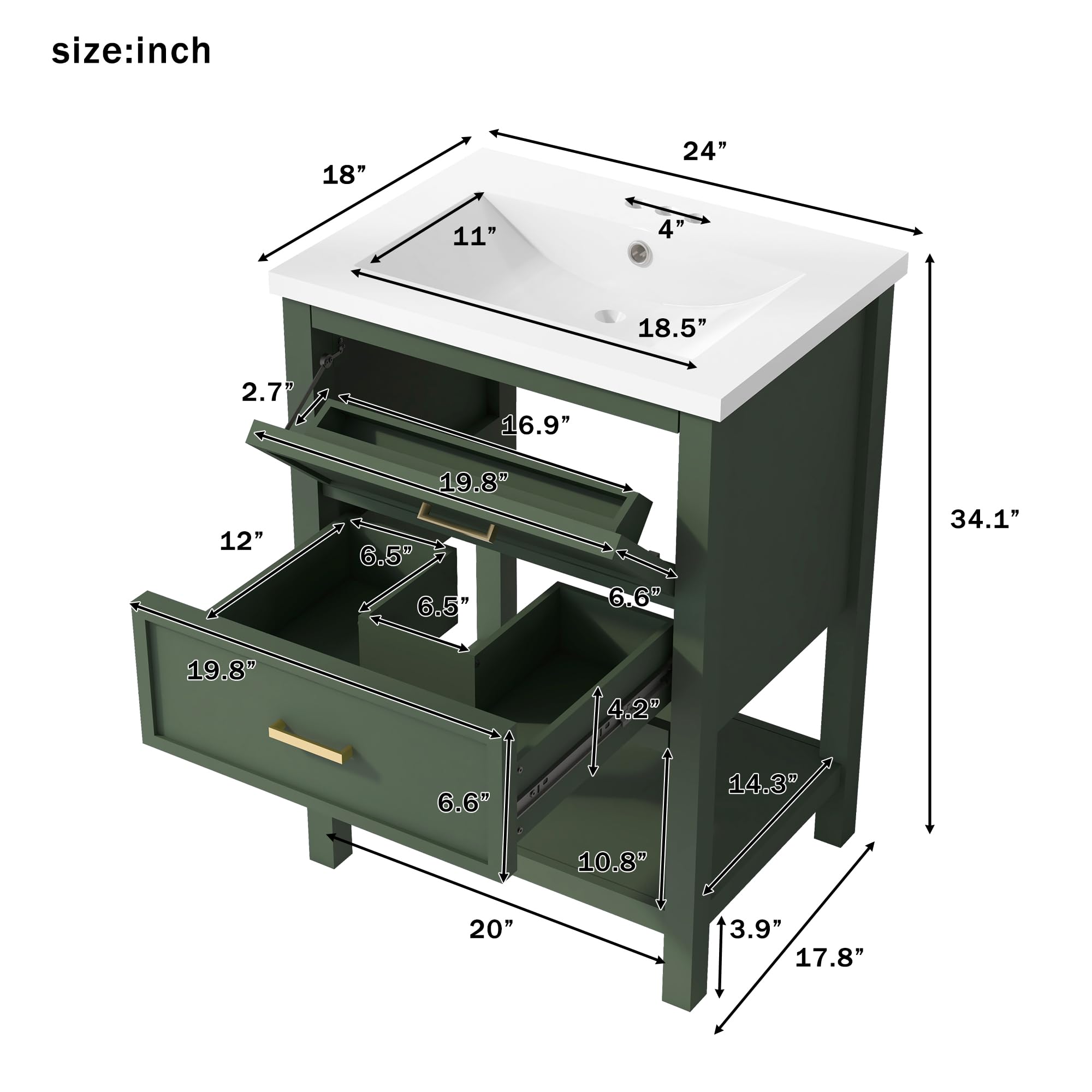 Multi-functional storage, separate basin, and dimensions of the Virubi vanity