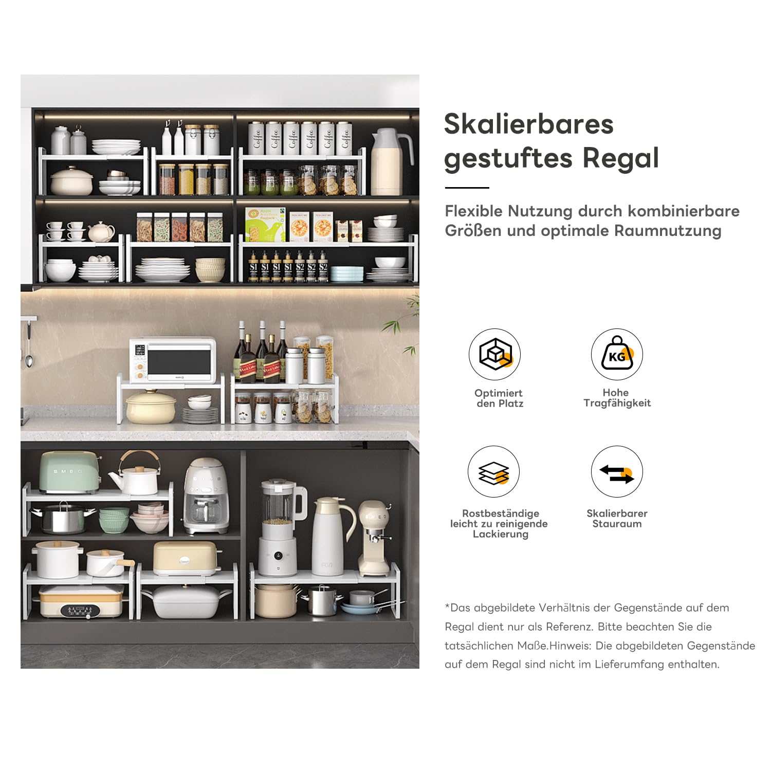 Metallenes teleskopierbares Ablagegestell, Erweiterbares Küchenregal, Mikrowellenregal, Verstellbares Ablagerregal für Gewürze/Geschirr, Unter Waschbecken & Spaltenaufbewahrung